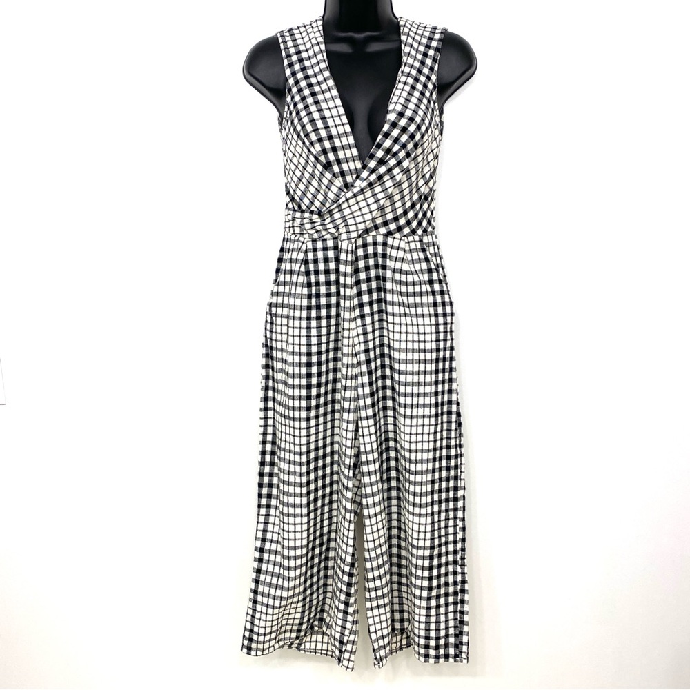 Stradivarius Black & Cream Gingham Wide Leg Sleeveless Cotton Jumpsuit, Size S